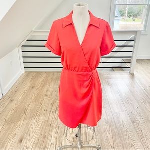 S Nine West red orange coral sleeve, V-neck collard dress